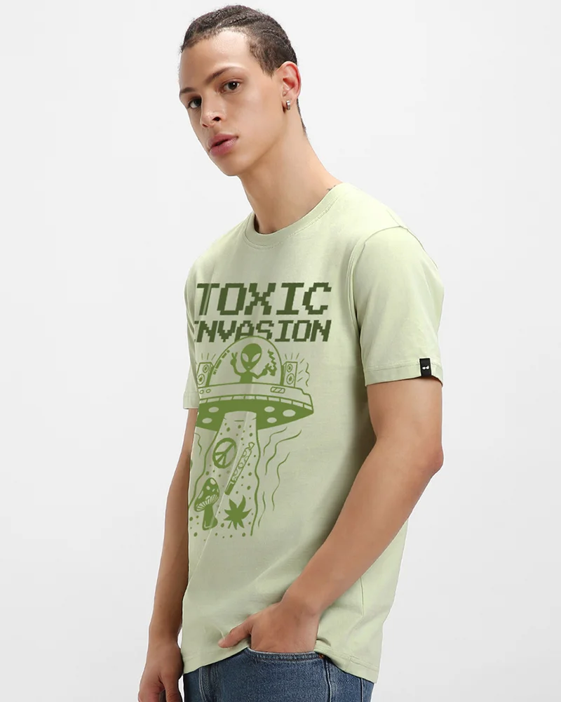 bewakoof Men's Fog Green Toxic Invasion Graphic Printed T-shirt